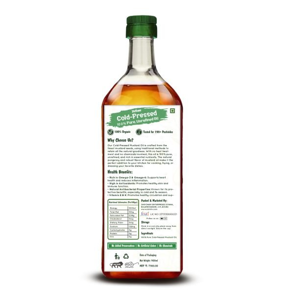 Cold-Pressed Yellow Mustard Oil – 100% Pure, Chemical-Free, Vegan, High in Omega-3 & Omega-6, Ideal for Cooking, Skin Care, Hair Care & Massage – 900ml - Image 2