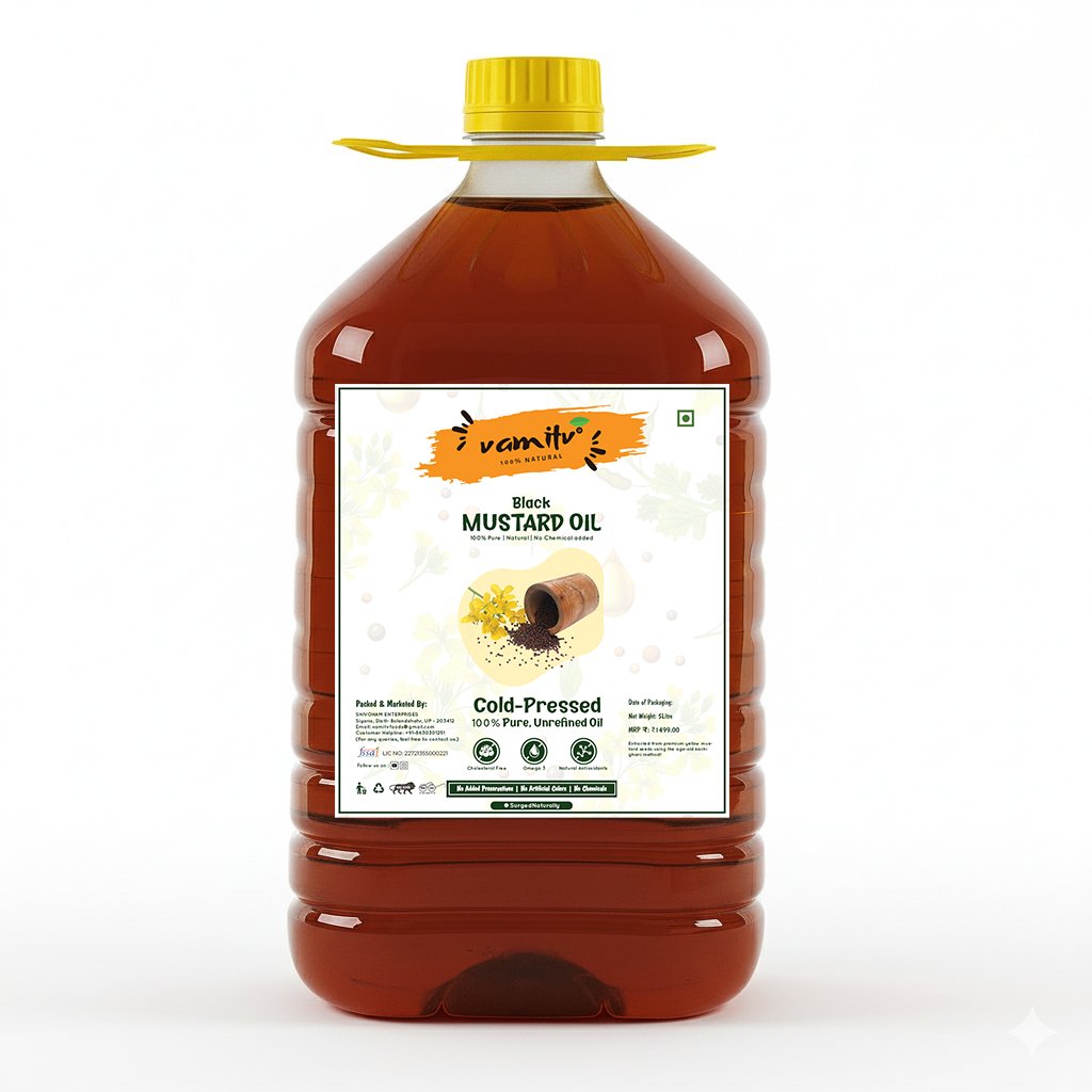 Cold-Pressed Black Mustard Oil – 100% Pure, Chemical-Free, Vegan, High in Omega-3 & Omega-6, Ideal for Cooking, Skin Care, Hair Care & Massage – 5000ml